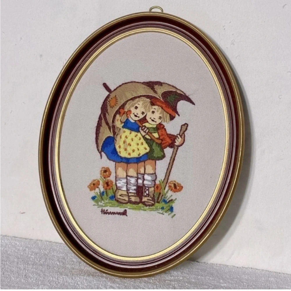 Vintage Hummel Crewel Oval Framed Embroidery Handmade Completed Wall Decor